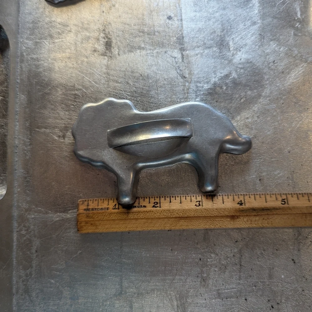 Vintage 1950's Aluminum Cookie Cutters Set 2 Santas,Bell, Lion Christmas Tree